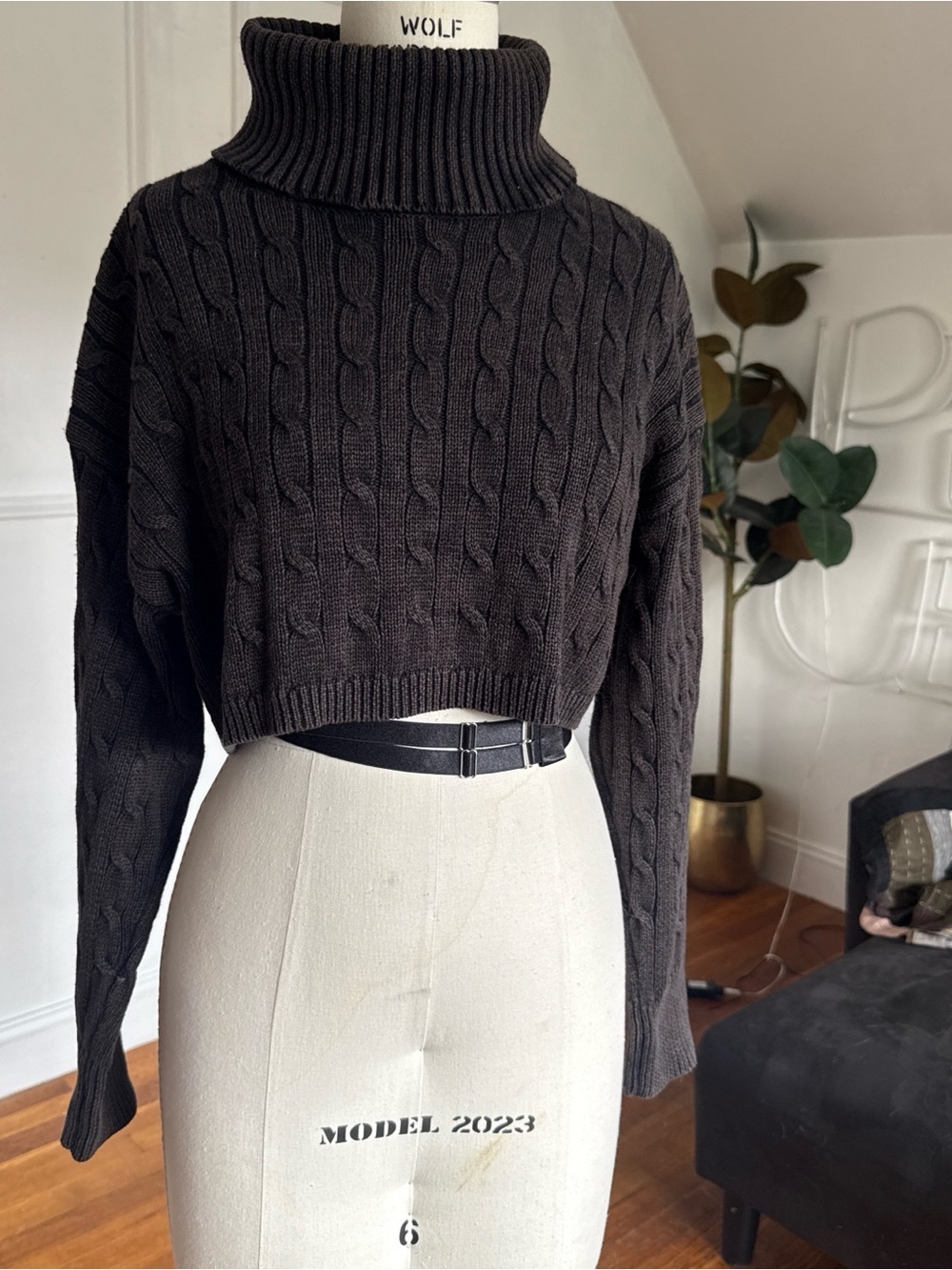 emory park Black Cropped Cable Knit Turtleneck Sweater